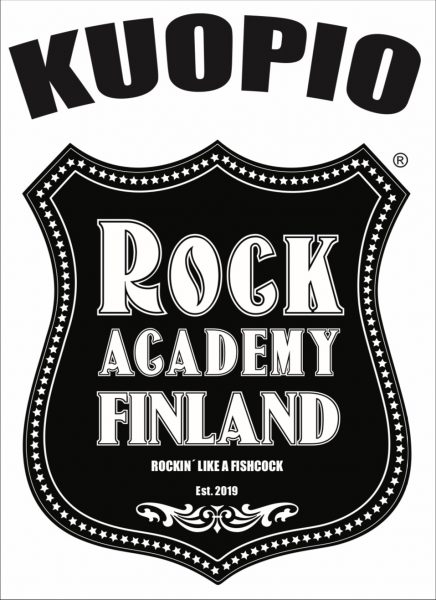 Kuopio Rock Academyn logo, valkoisella pohjalla musta kitaran runko, jossa teksti Rock Academy Finland, rungon yläpuolella musta teksti Kuopio