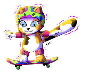 Piirroskissa skeittilaudan päällä skeittikypärä päässä sekä jalka- polvisuojat käytössä. Ympärllä viivoja, jotka esittävät hahmon tärisevän.