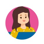 pinkki tausta jossa ruskeahiuksinen hahmo