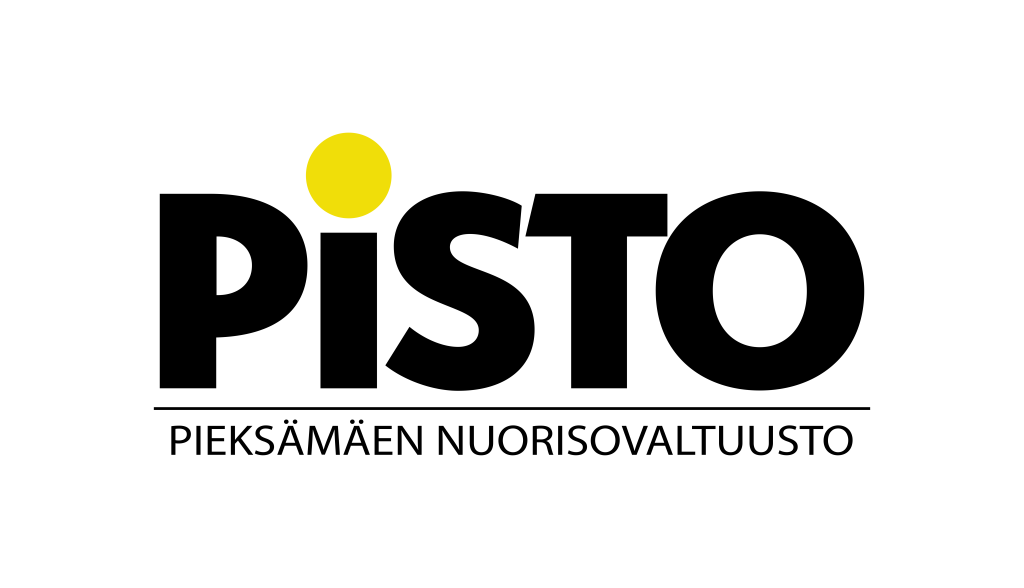 Nuorisovaltuusto Piston logo. Musta teksti jossa lukee Pisto Pieksämäen nuorisovaltuusto. Pisto sanan i-kirjaimen pallo on keltainen