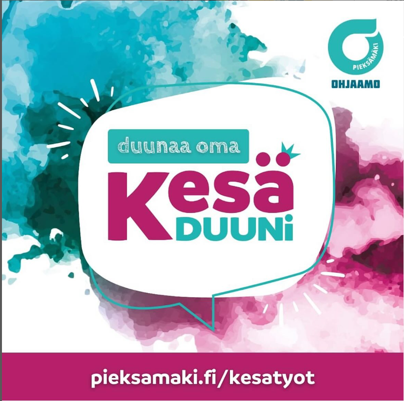 duunaa oma kesäduuni teksti turkoosin ja pinkin värisellä taustalla