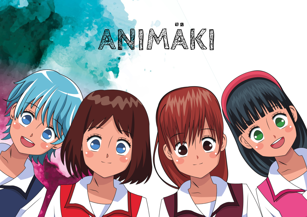 Kuvassa ohjaamon vaaleanpunainen/sininen usvapilvi ja neljä animehahmoa
