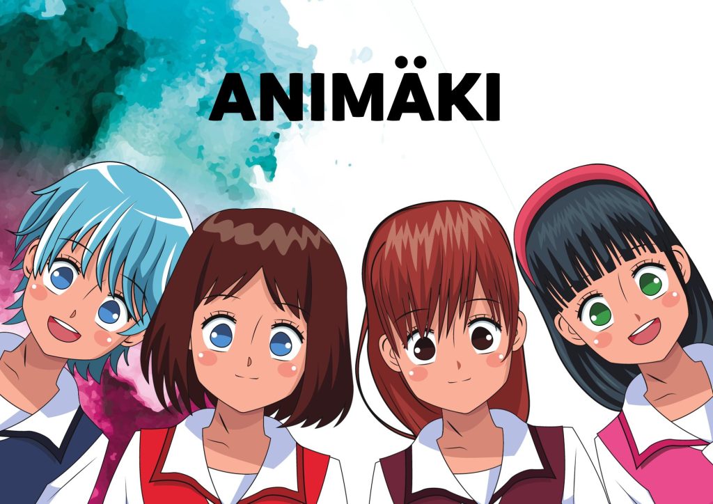 Kuvassa ohjaamon vaaleanpunainen/sininen usvapilvi ja neljä animehahmoa