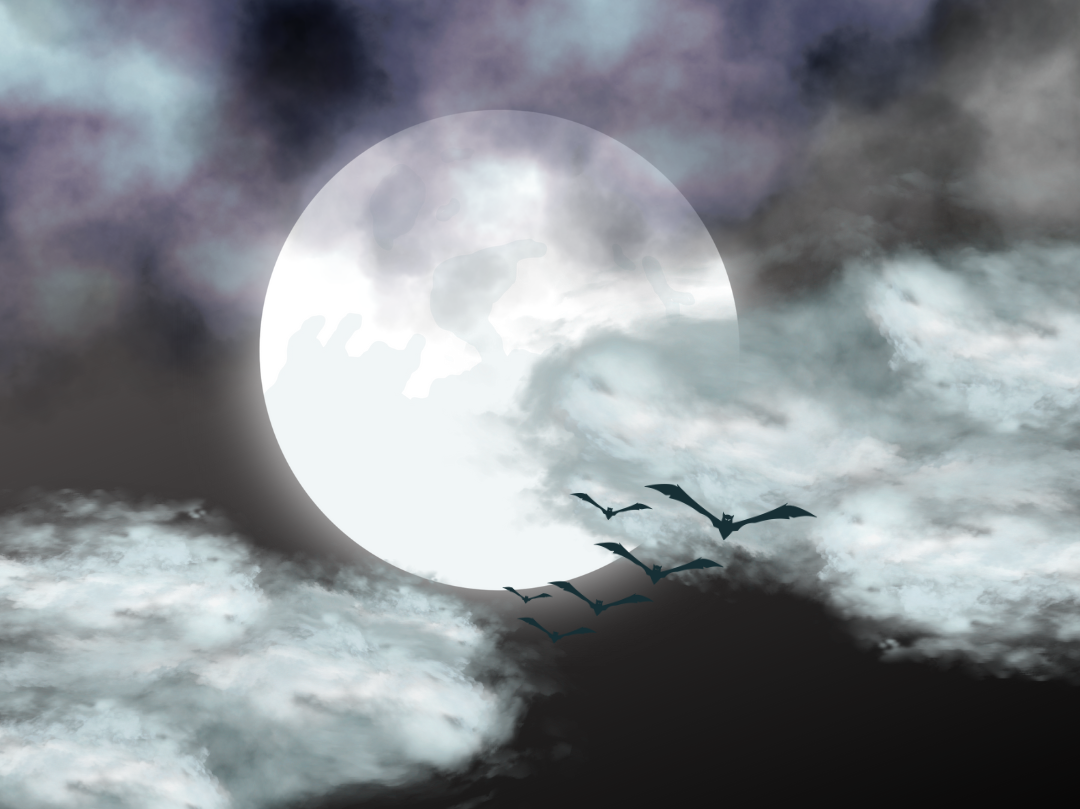 Kuvassa suuri kuu pilkistää pilvien takaa ja lepakkoparvi lentää kohti