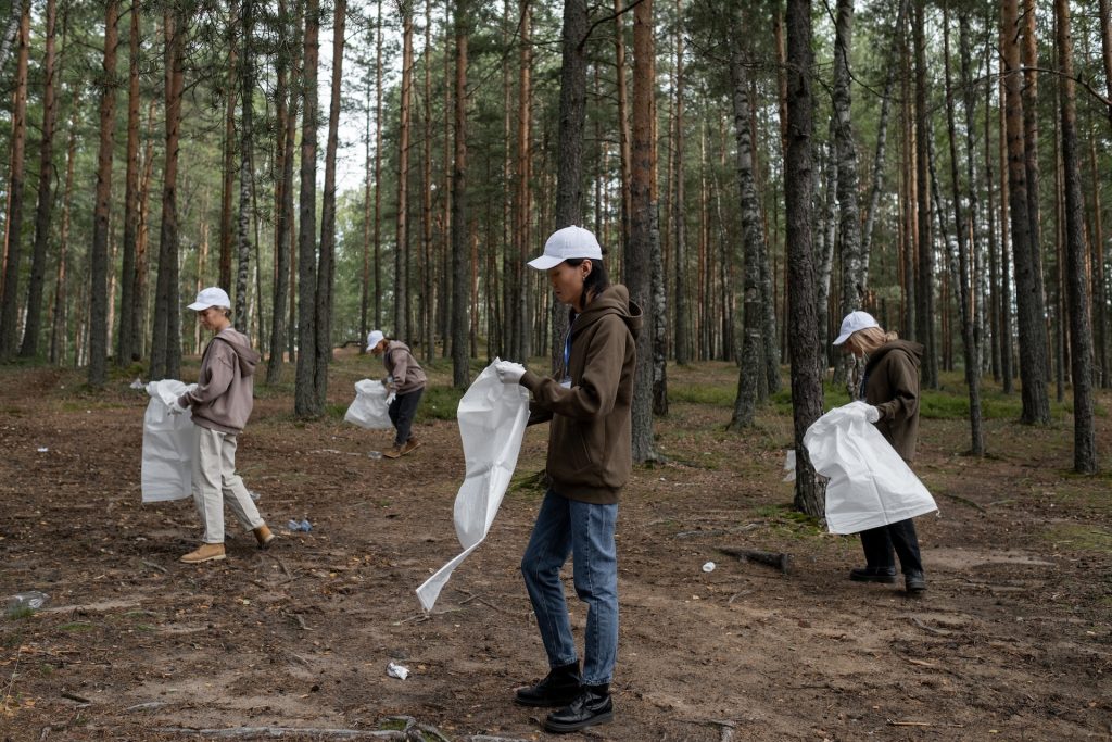 ryhmä vapaaehtoisia on kokoontunut mäntymetsään keräämään roskia vaaleisiin roskapusseihin