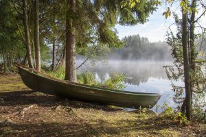 soutuvene järven rannalla puiden alla