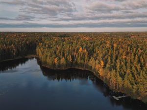Sininen taivas ja valkoiset pilvet suomalaisen järvimaiseman kattona. Järvessä on laituri ja järveä ympäröi havumetsä. Avainsanoja: luonto, ympäristö, retki, syksy, ilmasto, kestävä kehitys