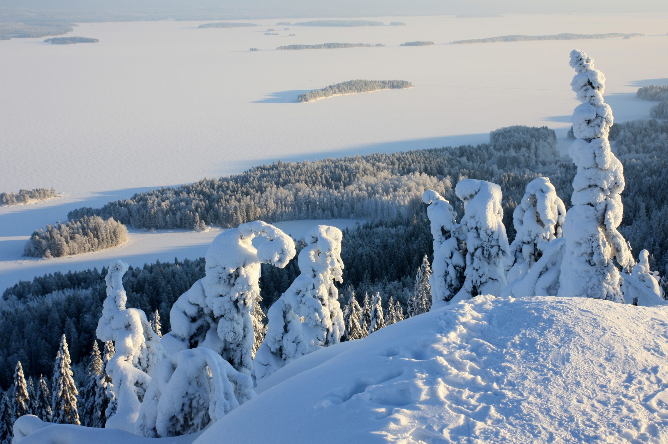 Talvinen kuva Suomen luonnosta kuvattuna ylhäältä tunturilta tai korkealta mäeltä kohti jäätynyttä järveä. Aurinko paistaa oikealta ja puut ovat lumenpeitossa. Avainsanoja: talvi, luonto, retki, rauha, ympäristö, loma, hiihtoloma