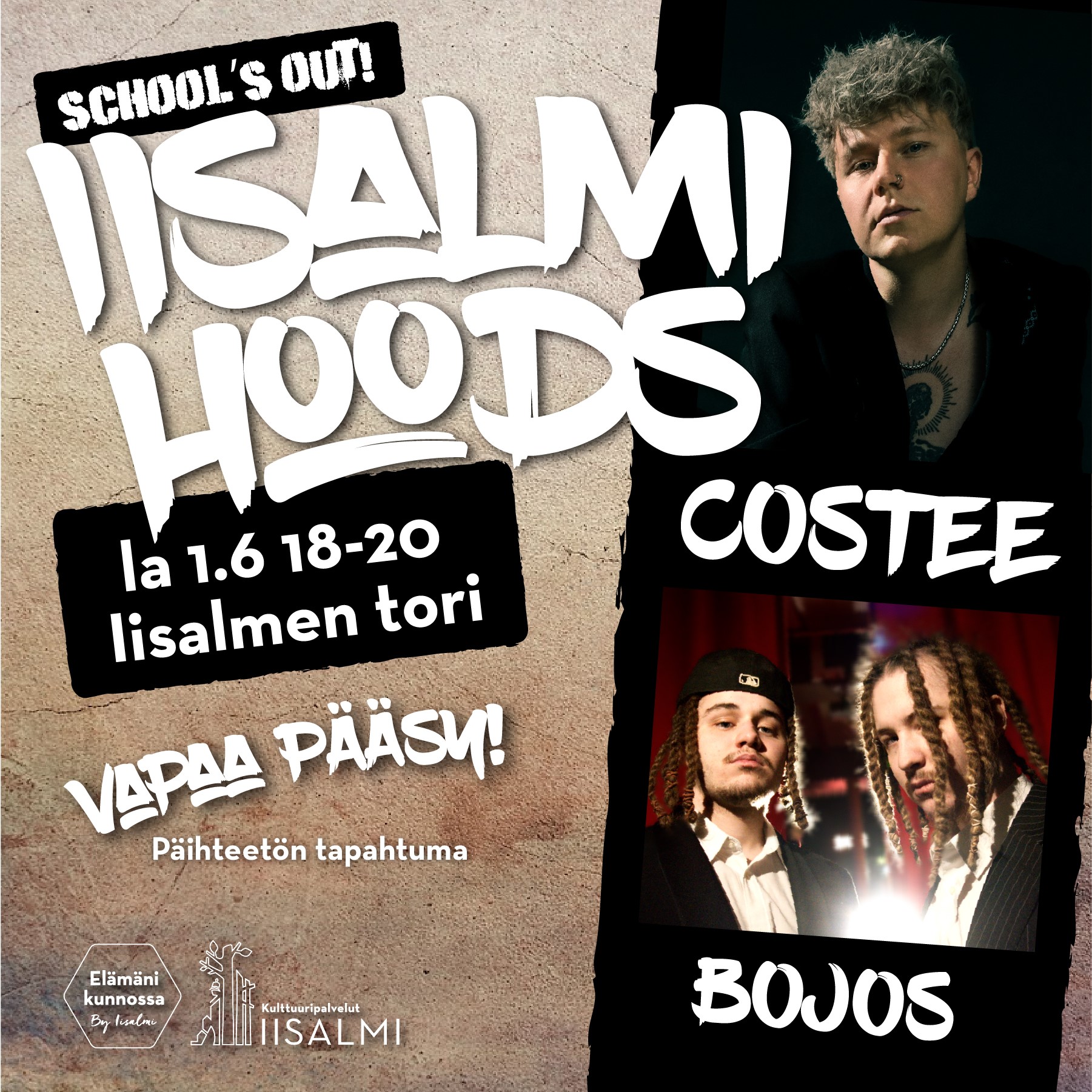 Iisalmi Hoods mainos jossa laulaja costeen kuva sekä lämppäri bojoksen kuva