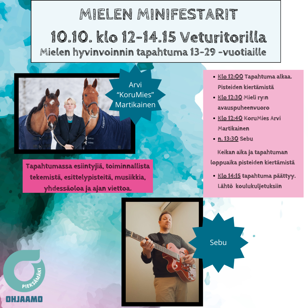 Mielen minifestarit 10.10.2024 klo 12-14:15 Pieksämäen Veturitorilla. Mielen hyvinvoinnin tapahtuma 13-29 -vuotiaille. Tapahtumassa esiintyjiä, musiikkia, toiminnallista tekemistä, esittelypisteitä ja yhdessä oloa.