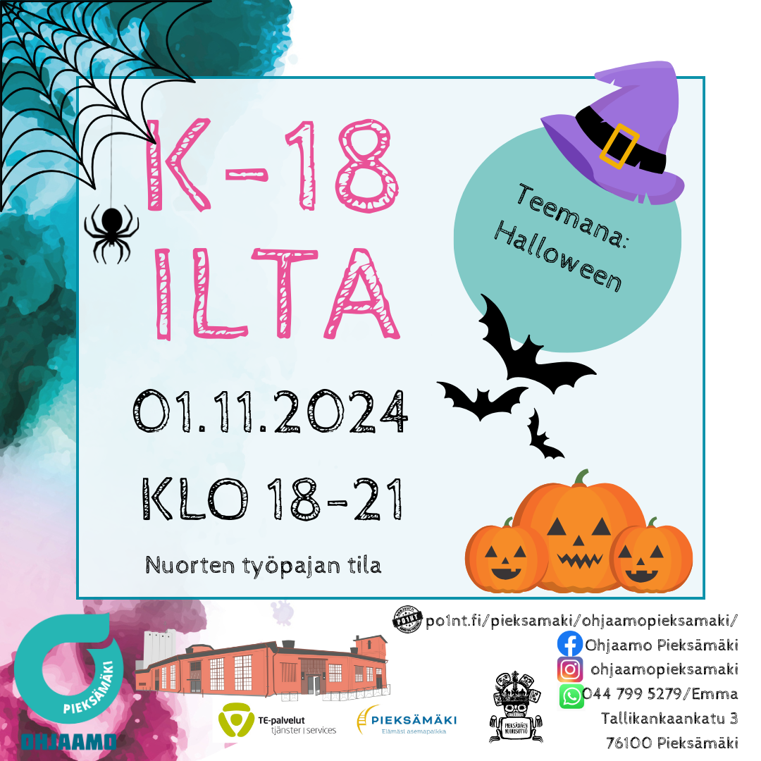 Mainos K-18 illasta. Kuvassa erilaisia halloween aiheisia kuvia, lisäksi teksti k-18 ilta 1.11.2024 klo 18-21 nuorten työpajan tila.