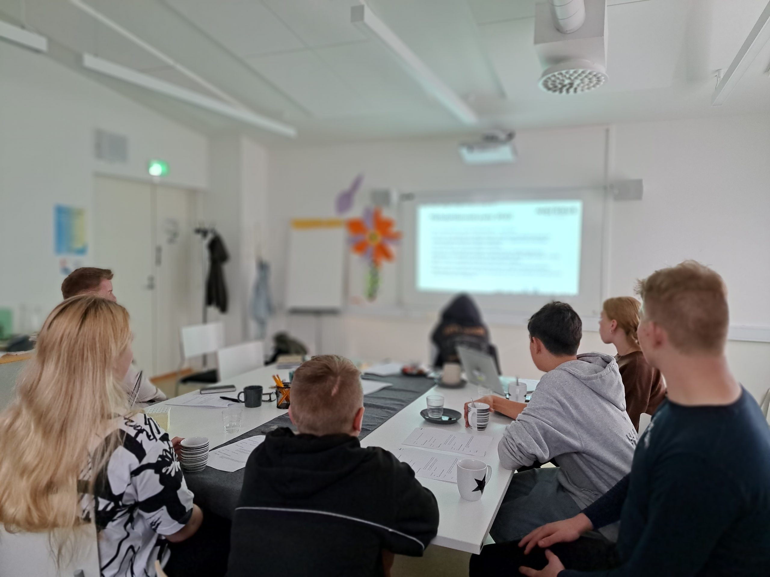 7 nuorta pöydän äärellä kasvot pois päin kamerasta katsovat valkokankaalla näkyvää esitystä. Tilanne on kokousmainen. Avainsanat: Nuoret, osallisuus, kokoustaminen, vaikuttaminen, päätöksenteko