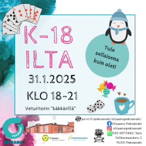 Mainos. K-18 ilta 31.1.2025 klo 18-21 Veturitorin "bäkkärillä".