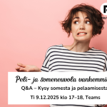 Kuva, jossa vaaleanpunainen tausta ja henkilö raidallisessa paidassa. Kuvassa on teksti: "Peli- ja someneuvola vanhemmille. Q&A – Kysy somesta ja pelaamisesta! Ti 9.12.2025 klo 17–18, Teams". Yläkulmassa Pelituki-logo.