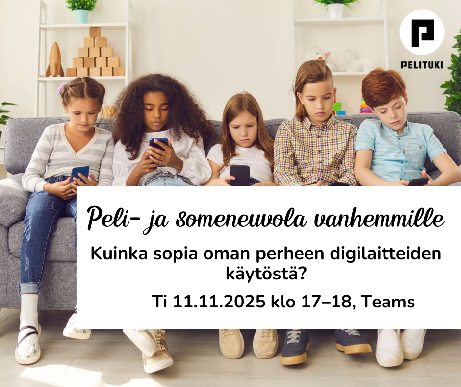 Peli- ja someneuvola vanhemmille. Kuinka sopia oman perheen digilaitteiden käytöstä? Tiistai 11.11.20225 klo 17-18, Teams. Taustalla viisi nuorta lasta istumassa sohvalla ja kaikki katsovat puhelimiensa näyttöjä.