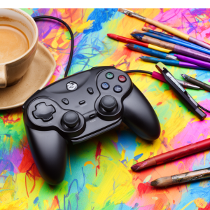 peliohjain, taidetarvikkeita ja kahvikuppi
