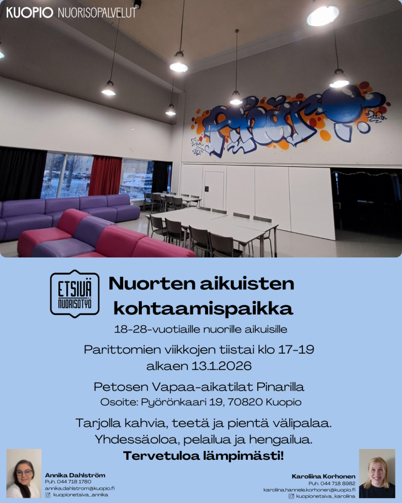 Mainos nnuorten aikuisten kohtaamispaikka-toiminnasta.