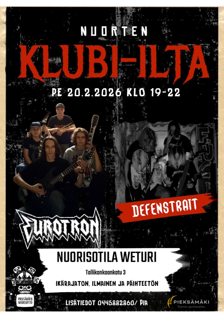 Nuorten klubi-illan mainos. Perjantaina 20.2.2026 klo 19-22. Kuvat kahdesta bändistä ja niiden logoista: Eurotron ja Defenstrait. Nuorisotila Weturi klo 19-22. Kaikille avoin, maksuton ja päihteetön.