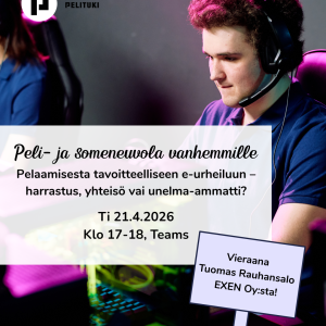 Pelituki ryn mainos peli- ja someneuvolasta vanhemmille. Aiheena on pelaamisesta tavoitteelliseen e-urheiluun - harrastus, yhteisö vain unelma-ammatti? Mainoksessa on nuori mies pelikuulokkeet päässä pelaamassa keskittyneenä tietokoneella.