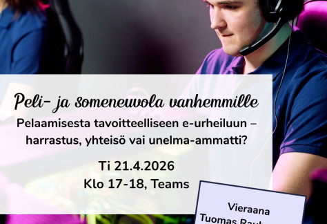 Pelituki ryn mainos peli- ja someneuvolasta vanhemmille. Aiheena on pelaamisesta tavoitteelliseen e-urheiluun - harrastus, yhteisö vain unelma-ammatti? Mainoksessa on nuori mies pelikuulokkeet päässä pelaamassa keskittyneenä tietokoneella.