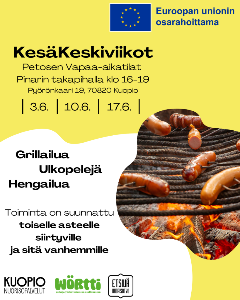 Mainos KesäKeskiviikko-toiminnasta. Toimintaa järjestetään Petosen vapaa-aikatilat Pinarin takapihalla kesäkuussa kolmena keskiviikkona kello 16.00-19.00.