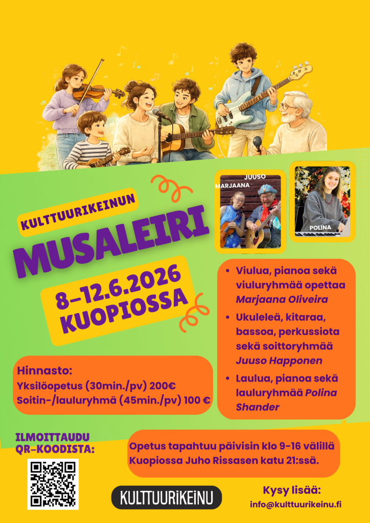 Kulttuurikeinun musaleirimainos 8-12.6.2026. Leirin tiedot sekä kuvat leirin vetäjistä.