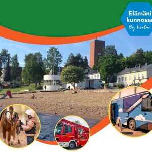 Kuvassa uimaranta. Pyöreissä kuvissa on poniratsastus, paloauto ja kirjastoauto.