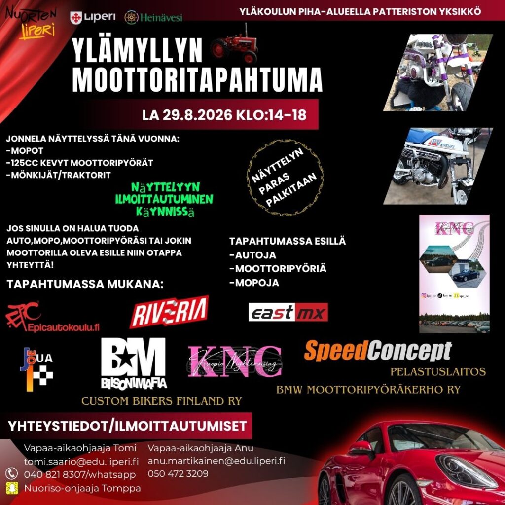 Mainos Liperin nuorisotyön järjestämästä Ylämyllyn moottoritapahtumasta yläkoulun piha-alueella 29.8.2026 klo 14 - 18.